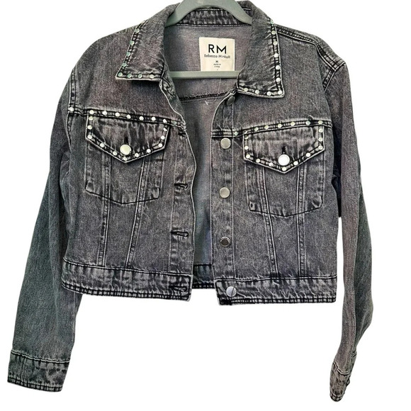 Rebecca Minkoff NWOT Riveted Crop Denim Jacket MEDIUM Charcoal Gray - Picture 1 of 7